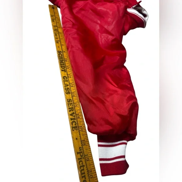 Vintage 80s Red Satin Bomber Jacket Bremen Pom Pons Cheerleader USA Made - Picture 11 of 15